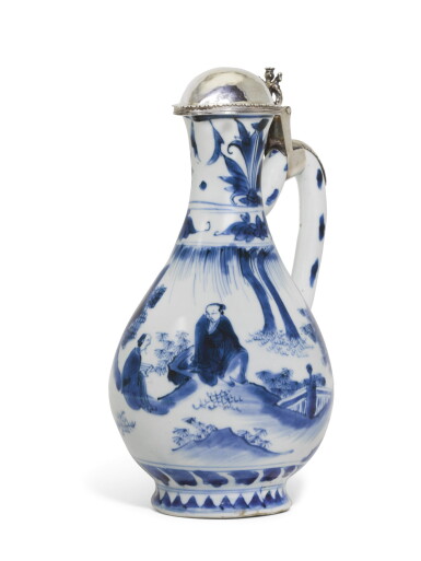 View full screen - View 1 of Lot 75. A BELGIAN SILVER MOUNTED KANXI PORCELAIN EWER, MAKER'S MARK A WEDGE SHAPED DEVICE, ANTWERP, 1663.