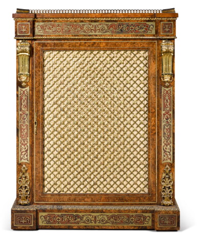 View full screen - View 1 of Lot 74. AN EARLY VICTORIAN GILT-BRONZE MOUNTED, BOULLE MARQUETRY INLAID BURR WALNUT SIDE CABINET, CIRCA 1850.