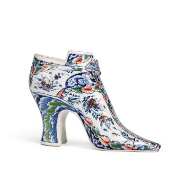 View full screen - View 1 of Lot 6. An English Delftware Polychrome Model of a Shoe, Dated 1722.