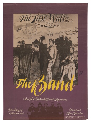 View full screen - View 1 of Lot 69. The Band | Concert poster for "The Last Waltz", signed by many musicians participating in the farewell gig.