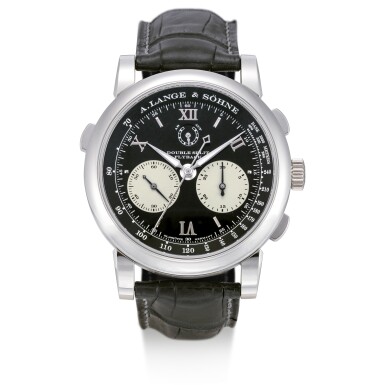 View full screen - View 1 of Lot 55. A. LANGE & SÖHNE | SAXONIA DOUBLE SPLIT DATOGRAPH, REFERENCE 404.035F, A PLATINUM DOUBLE SPLIT CHRONOGRAPH WRISTWATCH WITH POWER RESERVE INDICATION AND HACKING DEAD SECONDS, CIRCA 2009.