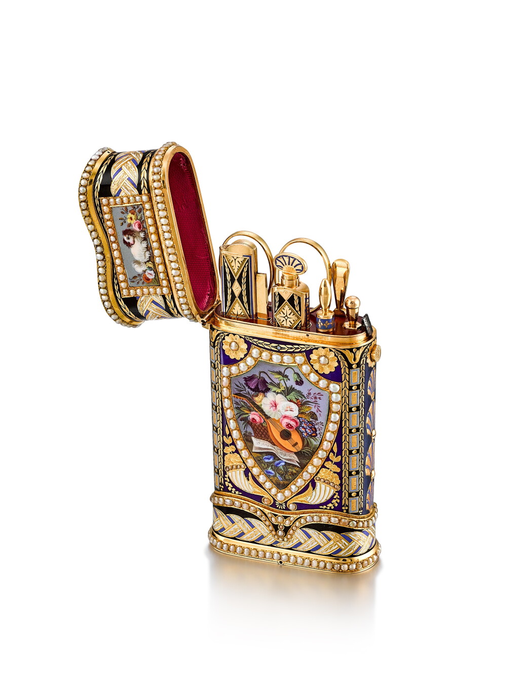 Voir en plein écran - Voir 1 du lot 2230. An exceptional and large gold, enamel and pearl-set etui de voyage with watch, music and automaton, including a pair of gold mounted scissors, a gold and enamel knife, a gold and enamel perfume vial, a gold and enamel key, a gold and enamel cuticle stick, a gold and enamel awl and associated fitted presentation box, Made for the Chinese market and retailed by P. Orr, Circa 1800 | 瑞士製 | 知名藏家的永恆典範 | 非常精美及特大金及琺瑯鑲珍珠工具盒,具有時計、音樂及活動人偶,內含鑲金剪刀、金琺瑯小刀、香水瓶、鑰匙、指甲修護棒與錐子,備收納盒,為中國市場而製及由 P. Orr 發行,約1800年製.