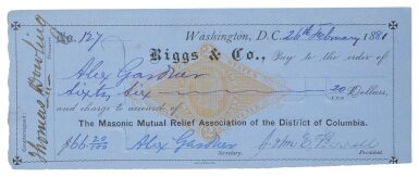 View full screen - View 1 of Lot 1055. Gardner, Alexander | A check signed three times by Alexander Gardner.