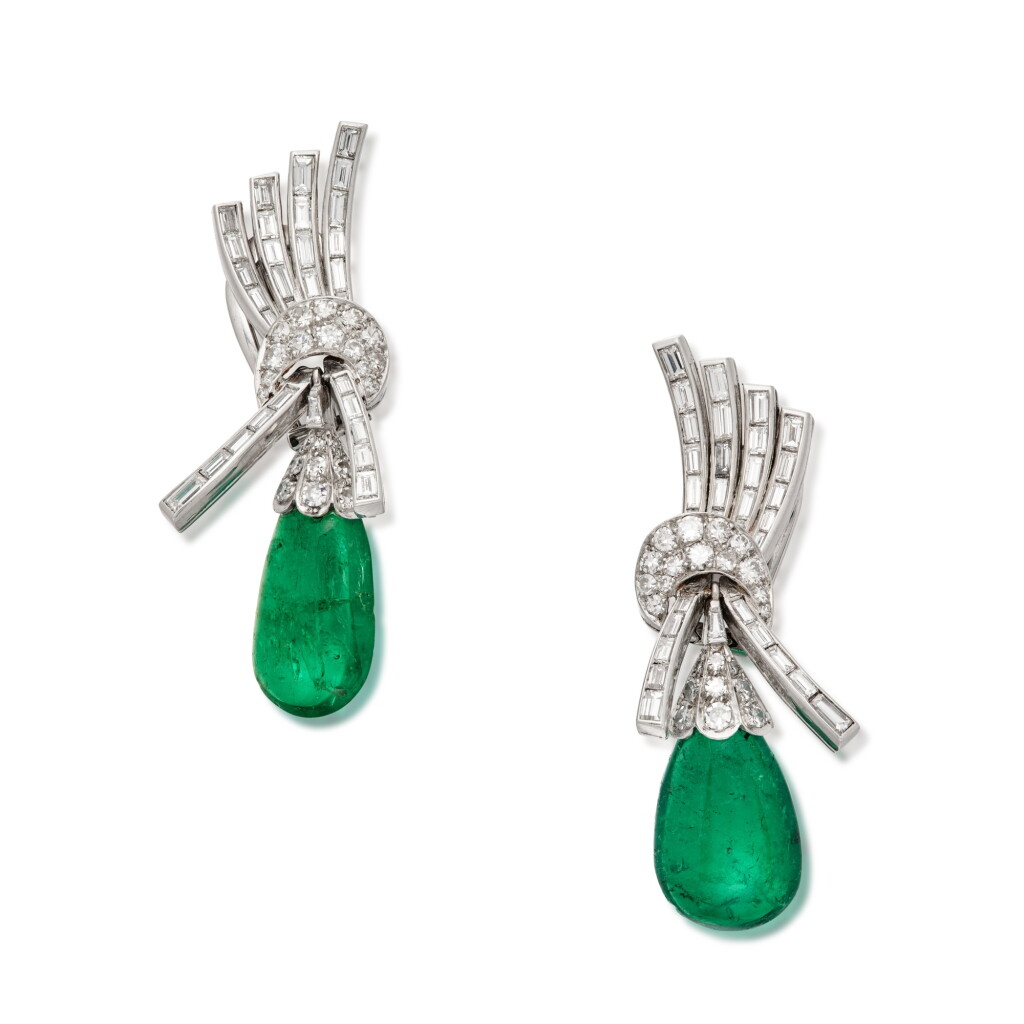 View full screen - View 1 of Lot 473. Pair of Emerald and Diamond Pendant-Earclips.