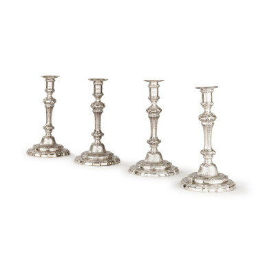View full screen - View 1 of Lot 93. A set of four Louis XV silver candlesticks, two by Alexis Loir, 1746 and 1751, two by Jean-François Balzac, one 1763 and one 1769.