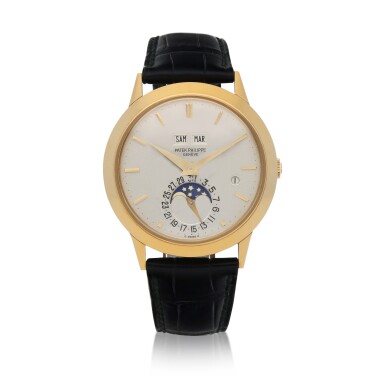 View full screen - View 1 of Lot 72. Ref. 3450 Yellow gold perpetual calendar wristwatch with moon phases and leap-year indication Made in 1982 | 百達翡麗 3450型號黃金萬年曆腕錶備月相及閏年顯示,1982年製.