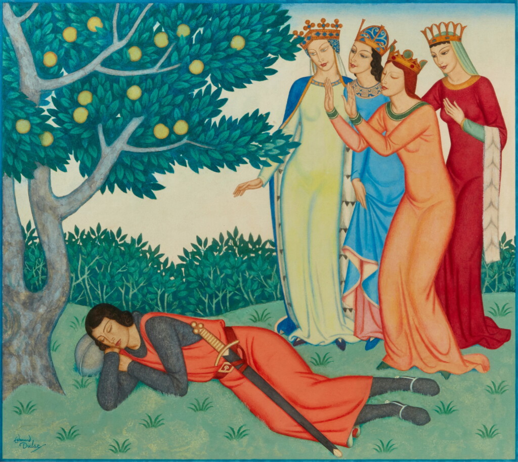 View full screen - View 1 of Lot 282. Edmund Dulac | Lancelot and the four queens, c.1939, signed by the artist.