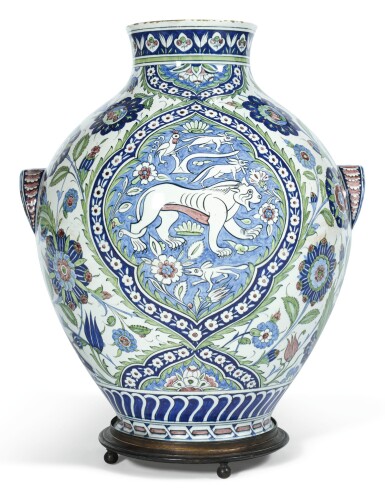 View full screen - View 1 of Lot 226. A MONUMENTAL CANTAGALLI IZNIK-STYLE POTTERY TWO-HANDLED VASE, ITALY, CIRCA 1880 .