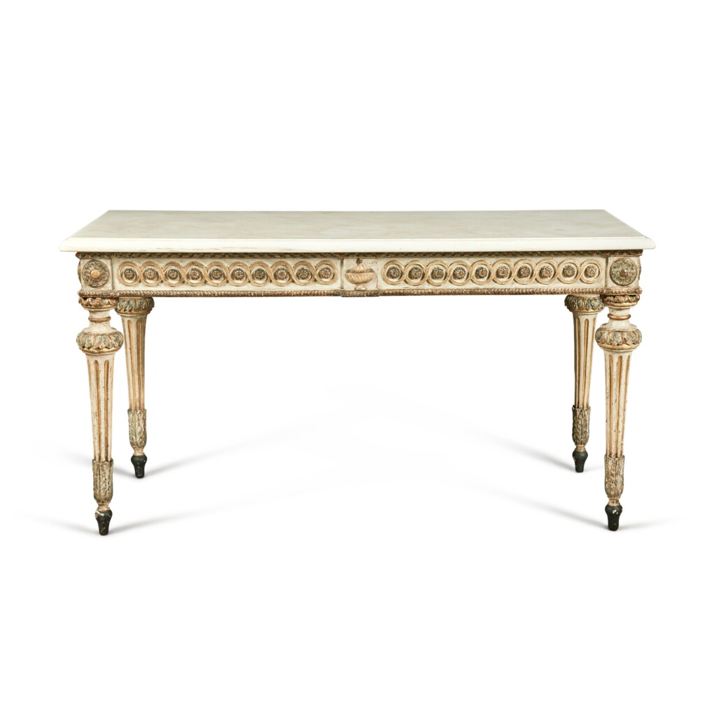 View full screen - View 1 of Lot 555. An Italian Neoclassical Parcel-Gilt and Polychrome Painted Wood Console Table, Circa 1790.