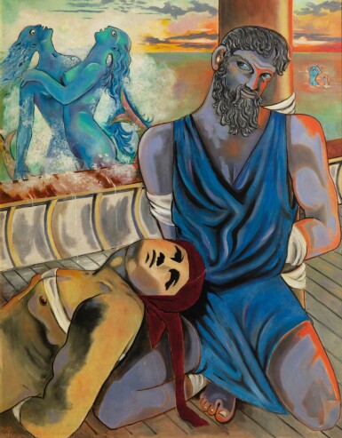 View full screen - View 1 of Lot 30. JEAN COCTEAU. Ulysse et les Sirènes. 1951. Huile sur toile, signée "Jean", datée 1951 en bas à gauche. 146 x 114 cm.