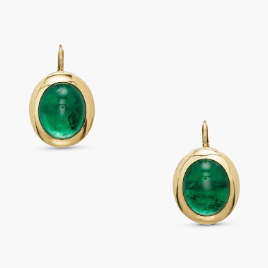 View full screen - View 1 of Lot 324. Pair of Gold and Emerald Earrings .