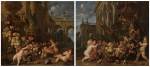 A pair of architectural capricci with putti plucking a swag of fruit, one with a parrot, squirrel and rabbits and the other with a parrot and guinea pigs