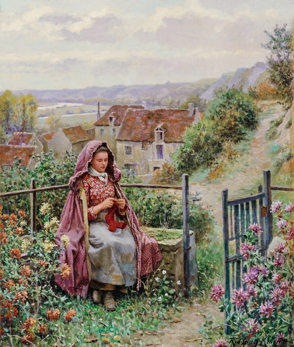 View full screen - View 1 of Lot 143. Young Woman Knitting by a Garden Gate.