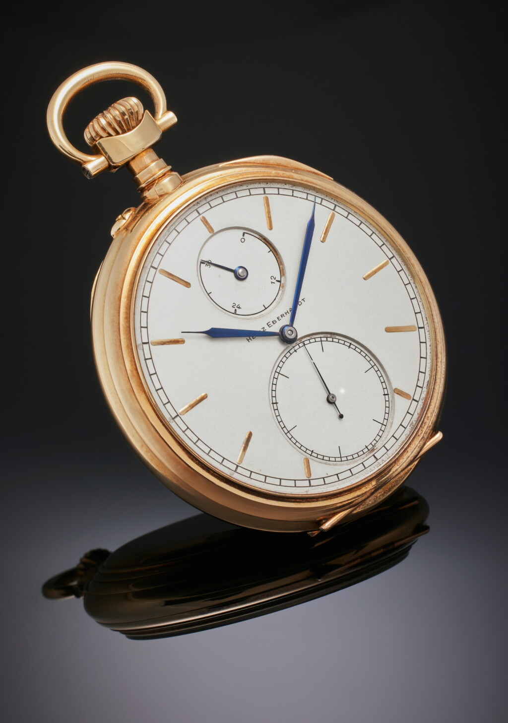 View full screen - View 1 of Lot 36. A very fine and rare yellow gold keyless one-minute tourbillon watch with spring detent escapement and up-down indication, Made by Heinz Eberhardt at the Deutsche Uhrmacherschule (D.U.S.) in Glashütte, Mvt. 32, Case 3884, 1935.