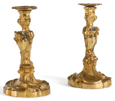 View full screen - View 1 of Lot 152. A PAIR OF LOUIS XV GILT-BRONZE CANDLESTICKS, POSSIBLY GERMAN CIRCA 1750.