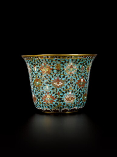 View full screen - View 1 of Lot 74. A rare cloisonné enamel 'lotus' bell-shaped bowl, Ming dynasty, 16th century | 明十六世紀 掐絲琺瑯纏枝蓮紋仰鐘式盌.