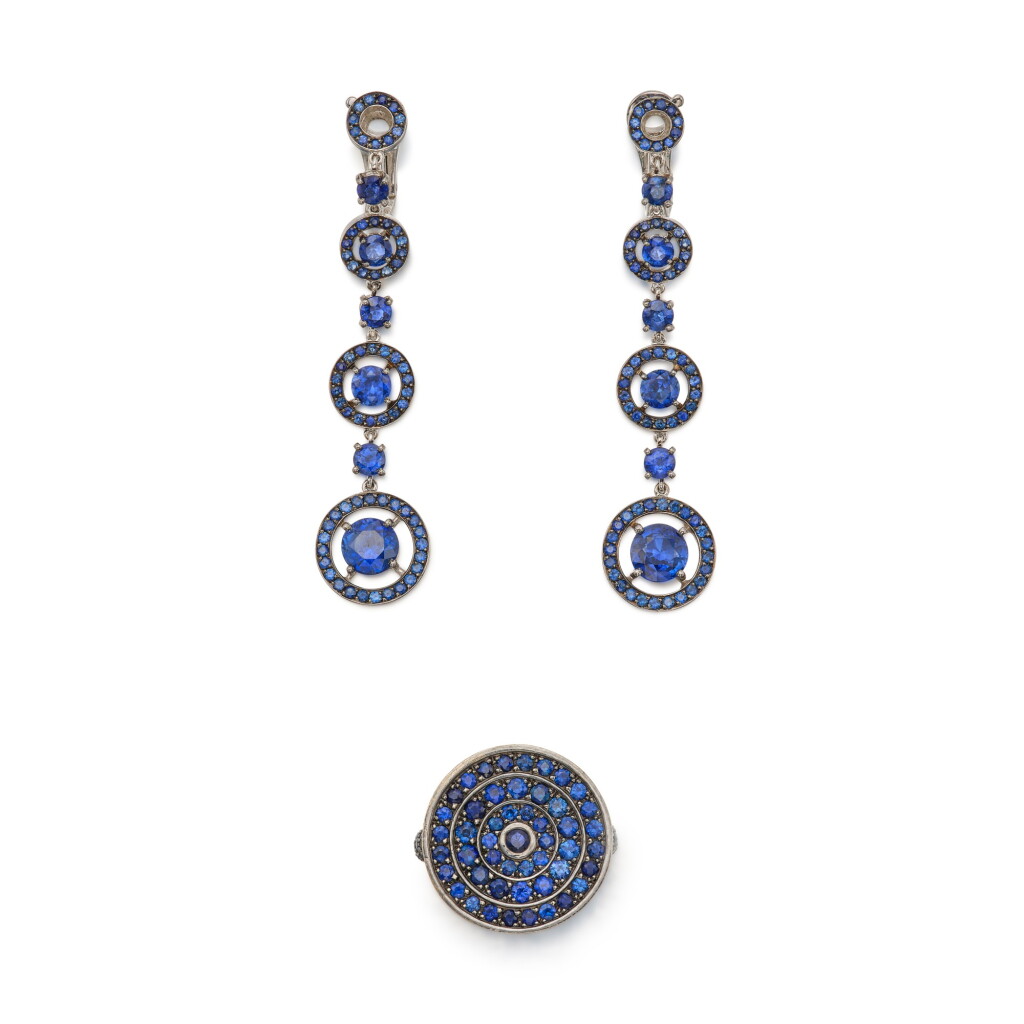 View full screen - View 1 of Lot 215. Pair of Sapphire Earclips and Ring, France.