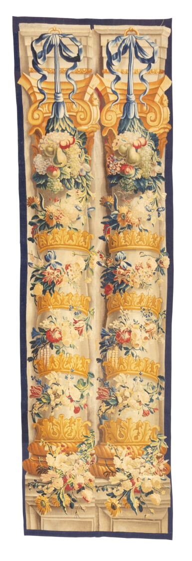 View full screen - View 1 of Lot 389. A fragment of a Louis XIV tapestry borders, circa 1680 | Fragment de bordures de tapisserie d'époque Louis XIV, vers 1680.