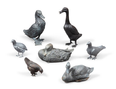 View full screen - View 1 of Lot 191. A group of seven decorative metal birds metal, including a tin bird marqued LEGA PELTRO | Un ensemble de sept oiseaux en métal, dont un oiseau en étain marqué LEGA PELTRO.