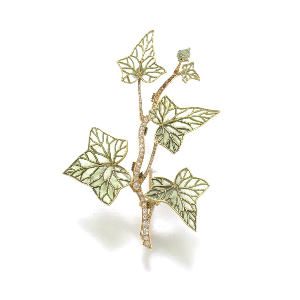 View full screen - View 1 of Lot 433. LALIQUE | ENAMEL AND DIAMOND BROOCH, ‘HEDERA HELIX’, CIRCA 1900.