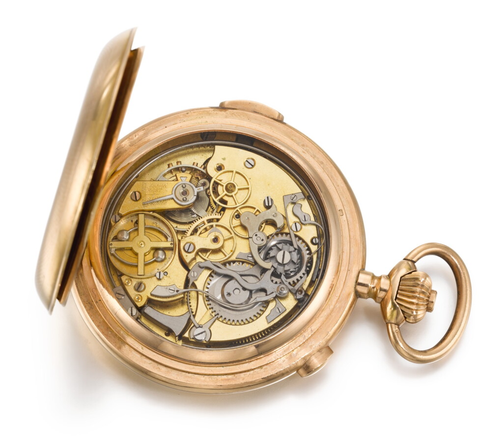 View full screen - View 1 of Lot 94. SWISS | A GOLD HUNTING CASED QUARTER REPEATING CHRONOGRAPH WATCH CIRCA 1900.