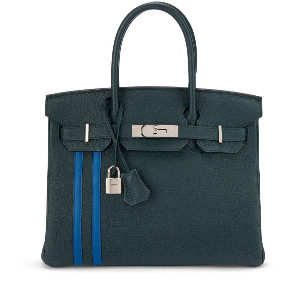 View full screen - View 1 of Lot 591. Limited Edition Vert Cypres Togo and Bleu Zellige Swift Officier Birkin 30 Palladium Hardware, 2018.