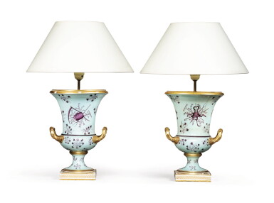 View full screen - View 1 of Lot 170. A pair of Derby pale turquoise ground campana vases,.