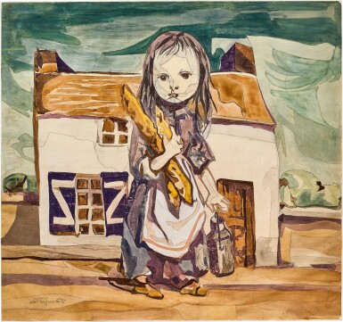 View full screen - View 1 of Lot 719. Léonard Tsuguharu Foujita and the Workshop of French Historical Aubusson Enterprise of Tapestry 藤田嗣治及法國古奧比森掛毯工作室 | Merchand de lait (carton de tapisserie) 小牛奶商(掛毯畫稿).