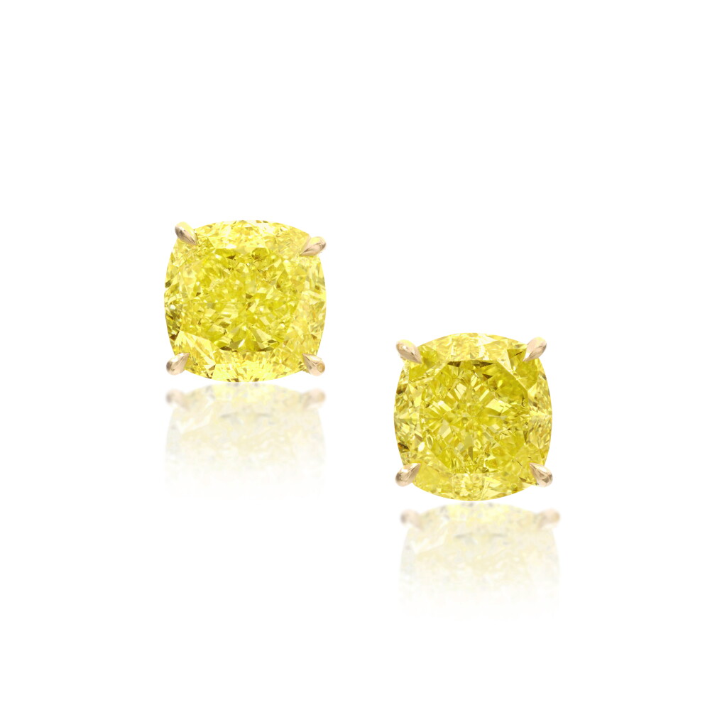 View full screen - View 1 of Lot 526. Pair of Fancy Intense Yellow diamond earrings.
