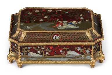 View full screen - View 1 of Lot 34. A Louis XIV Gilt Bronze-Mounted Brass, Mother-Of-Pearl, and Stained Horn Inlaid Tortoiseshell Première Partie Marquetry Casket, Circa 1700.