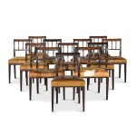 A set of twelve Regency mahogany and leather upholstered dining chairs, nine circa 1815, three commissioned to match and later