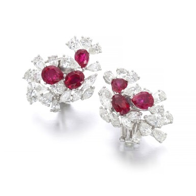 View full screen - View 1 of Lot 1021. Ruby and diamond ear clips.