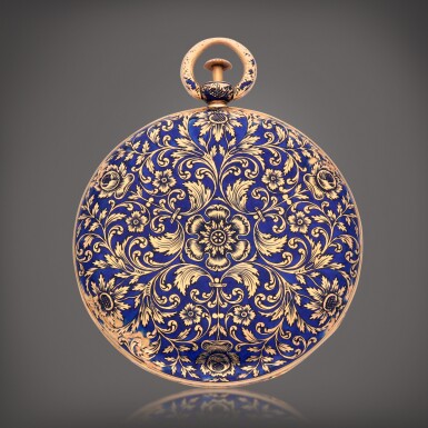 View full screen - View 1 of Lot 444. A yellow gold and enamel open faced key wound quarter repeating watch | Circa 1830.