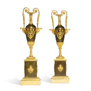 View full screen - View 1 of Lot 114. A pair of Empire gilt and patinated bronze vases, early 19th century.