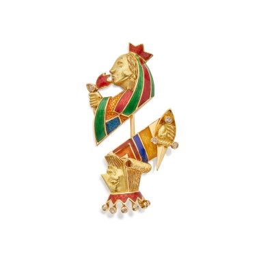 View full screen - View 1 of Lot 179. Gold, Enamel and Diamond Jabot Pin, France.