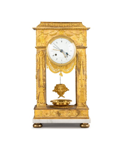 View full screen - View 1 of Lot 238. A gilt-bronze regulator portico mantel clock, Empire, early 19th century Pendule portique en bronze doré et marbre d'époque Empire, début du XIXe siècle.