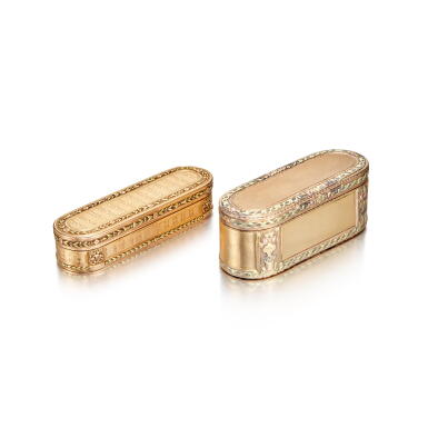 View full screen - View 1 of Lot 84. Two Varicolor Gold Snuff Boxes, Paris 1787/1788 and Frères Souchay, Hanau, Similar Date .