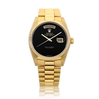 View full screen - View 1 of Lot 2203. Day-Date, Reference 18038 | A yellow gold wristwatch with day, date, onyx dial and bracelet, Circa 1983 | 勞力士 | Day-Date 型號18038 | 黃金鏈帶腕錶,備日期、星期顯示及瑪瑙錶盤,約1983年製.
