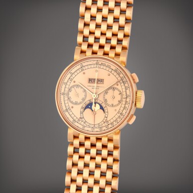 View full screen - View 1 of Lot 15. 'The Clarin Mustad', Reference 1518R | A unique pink gold perpetual calendar chronograph wristwatch with moon phases and bracelet | Made in 1944.