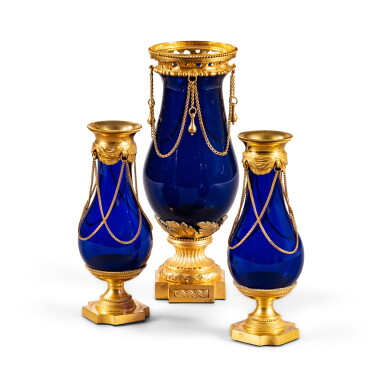 View full screen - View 1 of Lot 1309. A Louis XVI style gilt-bronze mounted blue glass matched garniture.