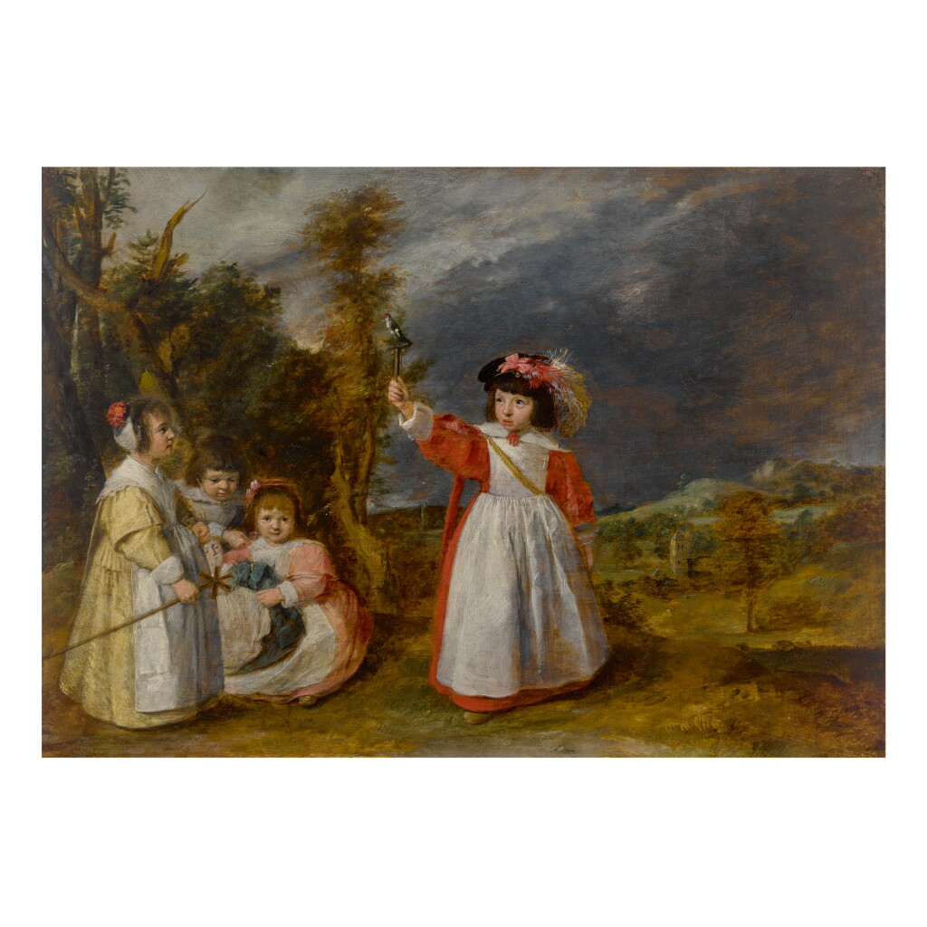 View full screen - View 1 of Lot 90. CIRCLE OF ADRIAEN BROUWER | FOUR YOUNG CHILDREN PLAYING A GAME IN A LANDSCAPE .