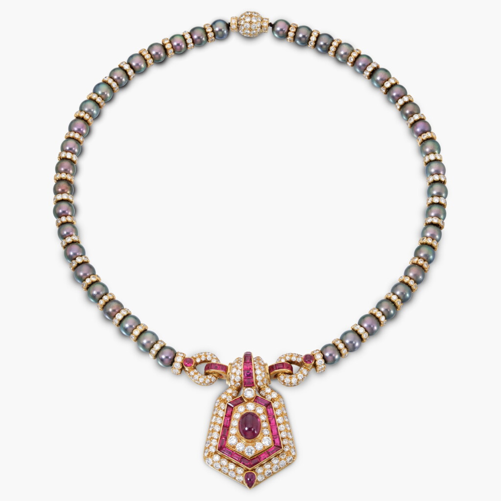 View full screen - View 1 of Lot 953. Cultured Pearl, Ruby and Diamond Necklace.