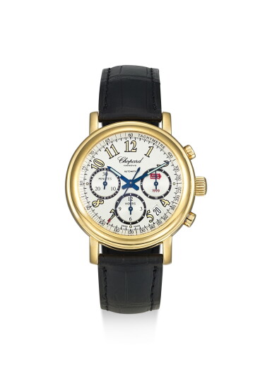 View full screen - View 1 of Lot 8222. CHOPARD | MILLE MIGLIA, REFERENCE 16/1250-99, A YELLOW GOLD CHRONOGRAPH WRISTWATCH WITH DATE, CIRCA 1999.