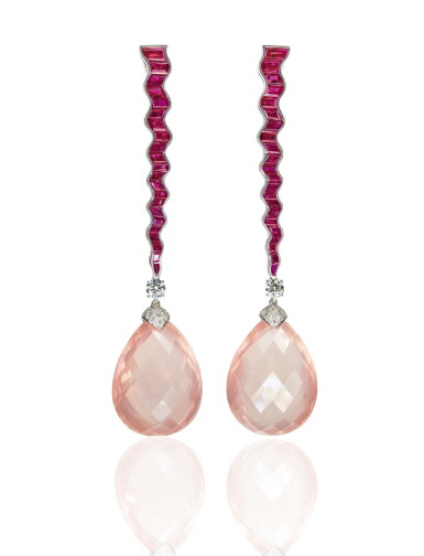 View full screen - View 1 of Lot 73. Pair of ruby, rose quartz and diamond pendent earrings, Michele della Valle.