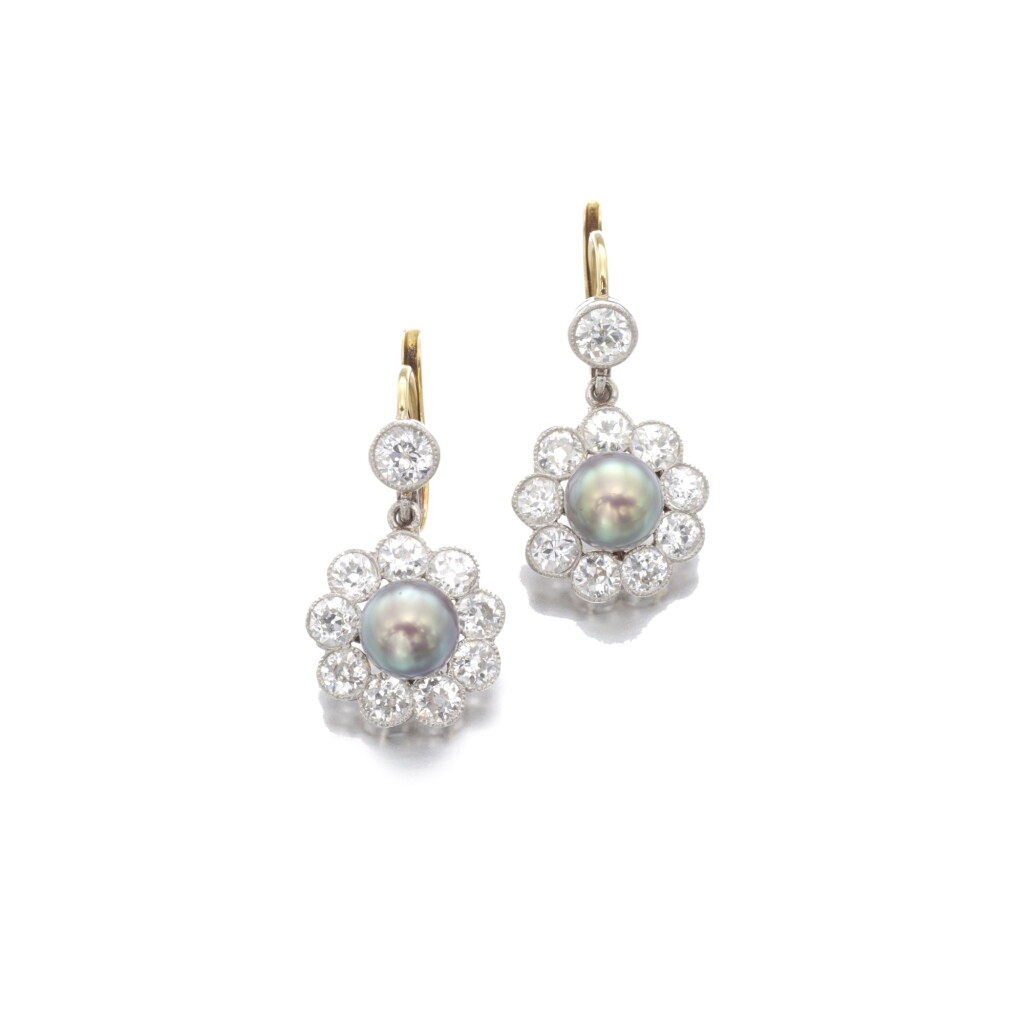 View full screen - View 1 of Lot 563. PAIR OF NATURAL PEARL AND DIAMOND PENDENT EARRINGS.