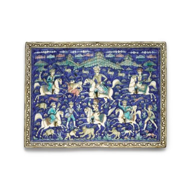 View full screen - View 1 of Lot 119. A Qajar moulded polychrome pottery tile, Persia, 19th century.