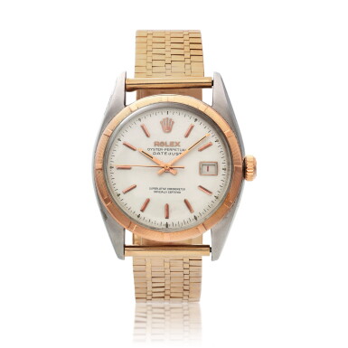View full screen - View 1 of Lot 66. Reference 6075 Datejust, A stainless steel and pink gold automatic wristwatch with date, Circa 1951.