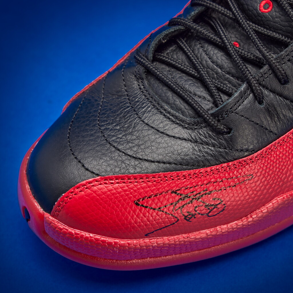 View full screen - View 1 of Lot 6. Stephen Curry 2025-2026 Tunnel Worn Dual-Signed Nike Air Jordan 12 Retro ‘Flu Game’.