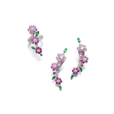 View full screen - View 1 of Lot 918. Pink sapphire, tsavorite garnet and diamond demi-parure.