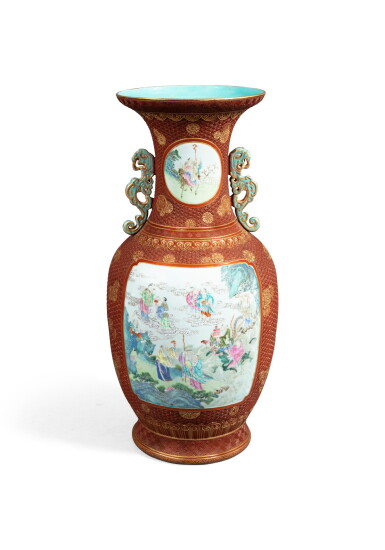 View full screen - View 1 of Lot 190. Rare grand vase à décor Famille-Rose sur fond rouge imitant le laque cinabre Dynastie Qing, XIXE siècle | 清十九世紀 粉彩仿剔紅錦地開光八仙圖雙龍耳大瓶 | A Rare Large Imitation Cinnabar Lacquer-Ground Famille-Rose Baluster Vase, Qing Dynasty, 19th century .